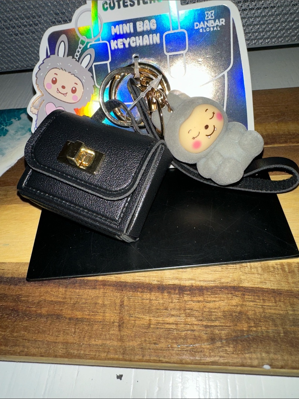 Mini Keychain Bag with Cute Plush Charm - Black